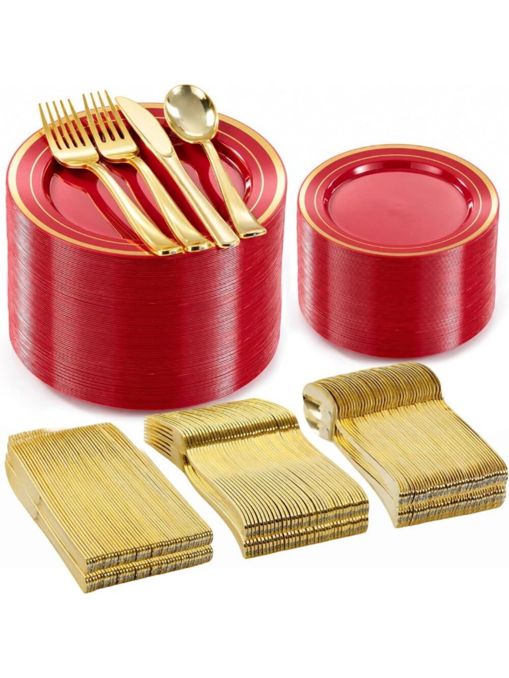 600 Pcs Red Plastic Dinnerware Set with Gold Trim for Parties & Events